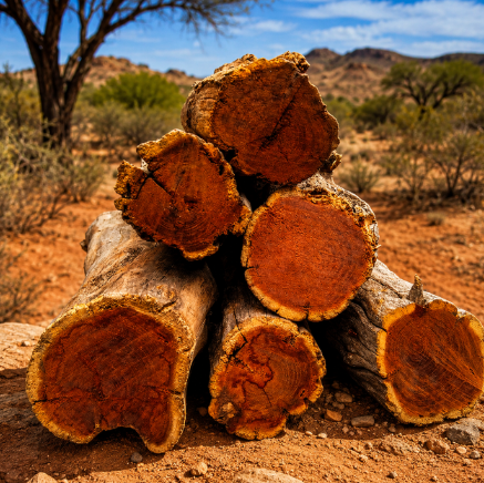 Dry barkless pieces of Sekelbos Namibian Hardwood logs arranged neatly in the Nambian outdoors, showcasing the signature bushveld braai wood supplied by Mother City Firewood near Cape Town.
