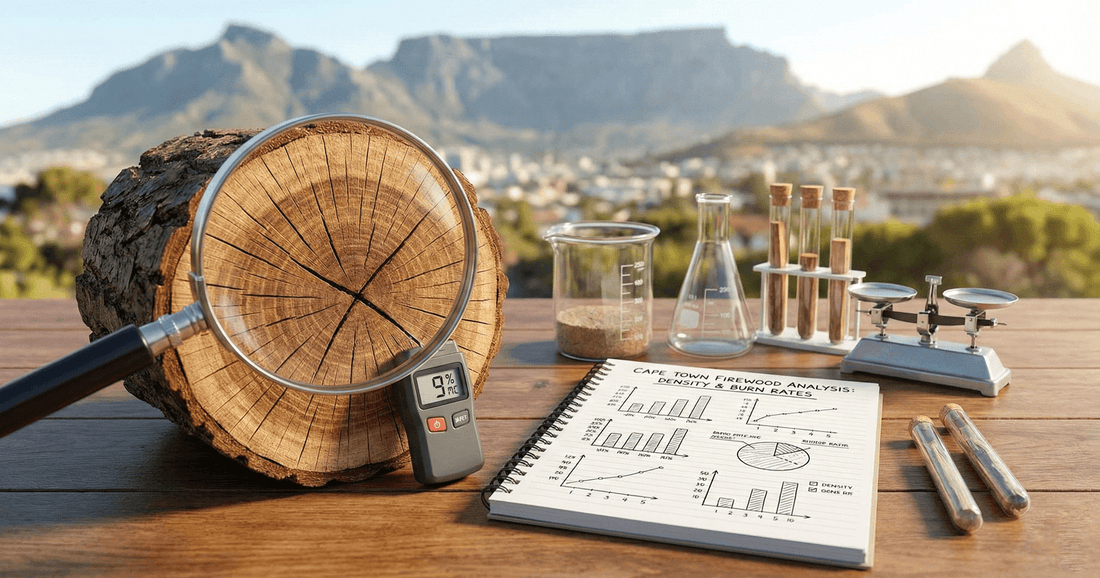 Cape Town firewood scientific analysis setup showing Rooikrans log moisture meter testing and density charts with Table Mountain background