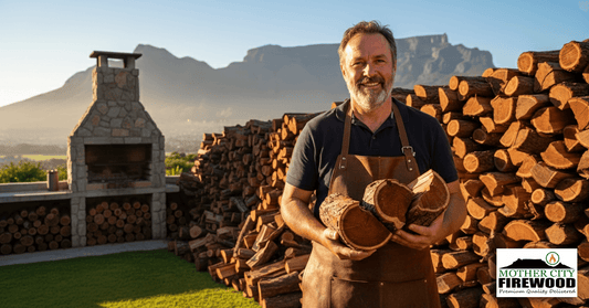 Smiling Cape Town braai master in an apron holding three pieces of premium, reddish-brown Rooikrans braai wood, with a large, neatly stacked pile of Rooikrans firewood and Table Mountain in the background at sunset. Mother City Firewood Logo overlay.