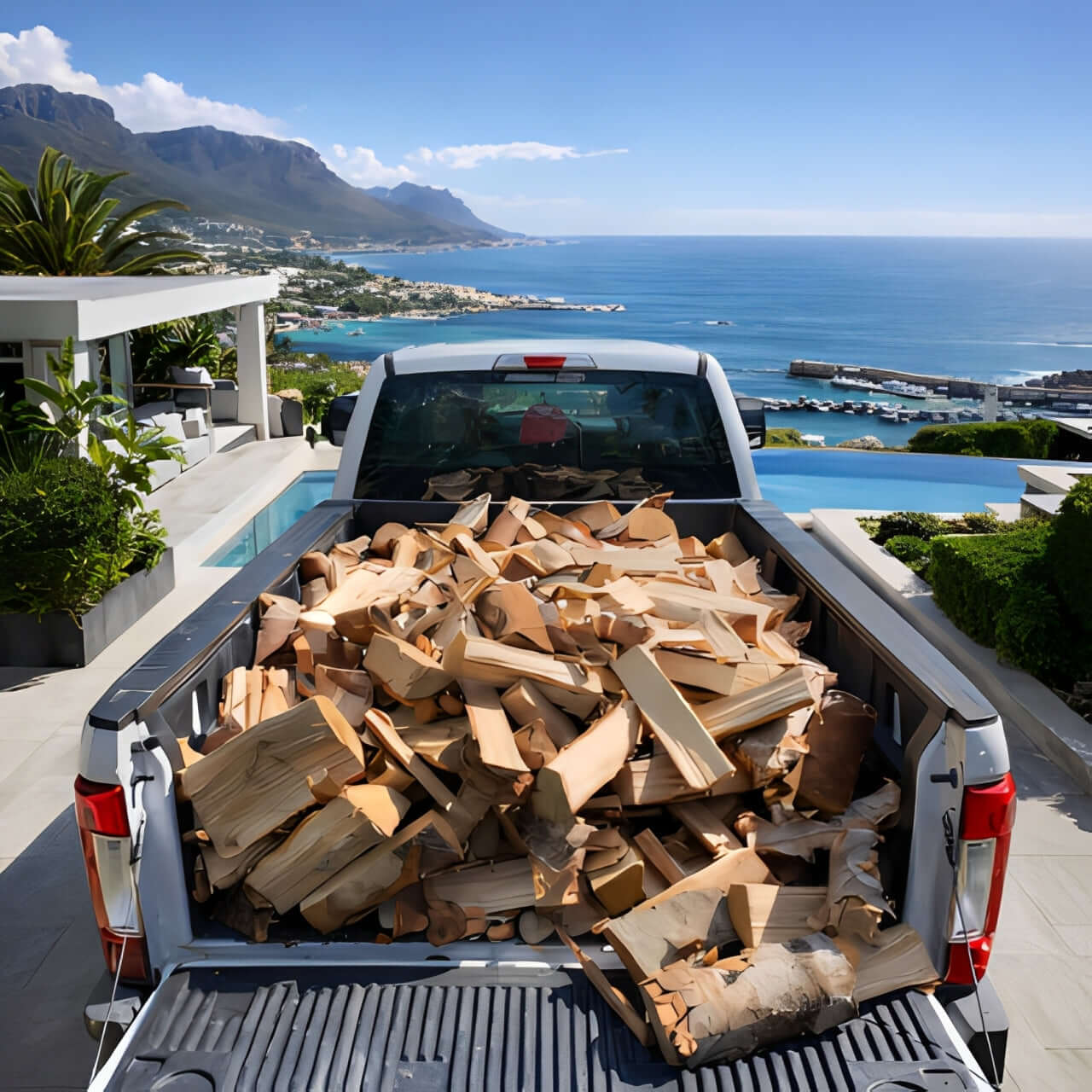 Premium bulk bakkie load of loose seasoned firewood in Cape Town - Rooikrans, Red Gum, and Blue Gum hardwood for fireplace and braai heating. Includes free delivery and professional stacking service - Mother City Firewood.
