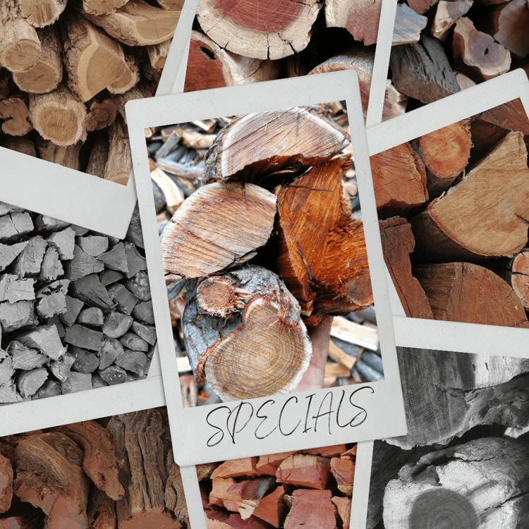Close-up photo of premium firewood logs with the text "SPECIALS", promoting the Cheap Firewood Specials Cape Town deals.