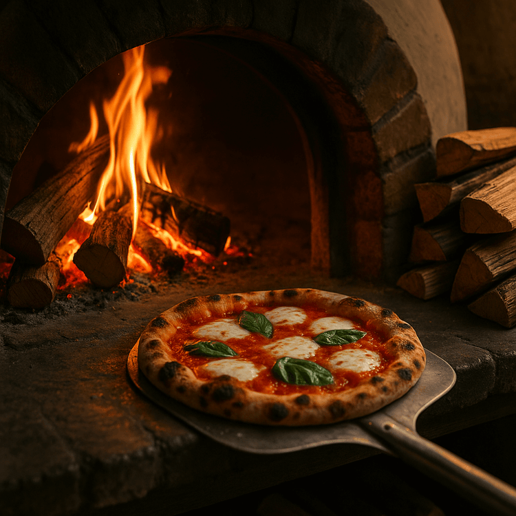 Wood-fired pizza oven with hardwood logs blazing and a pizza on a peel—premium pizza wood in Cape Town — Mother City Firewood.