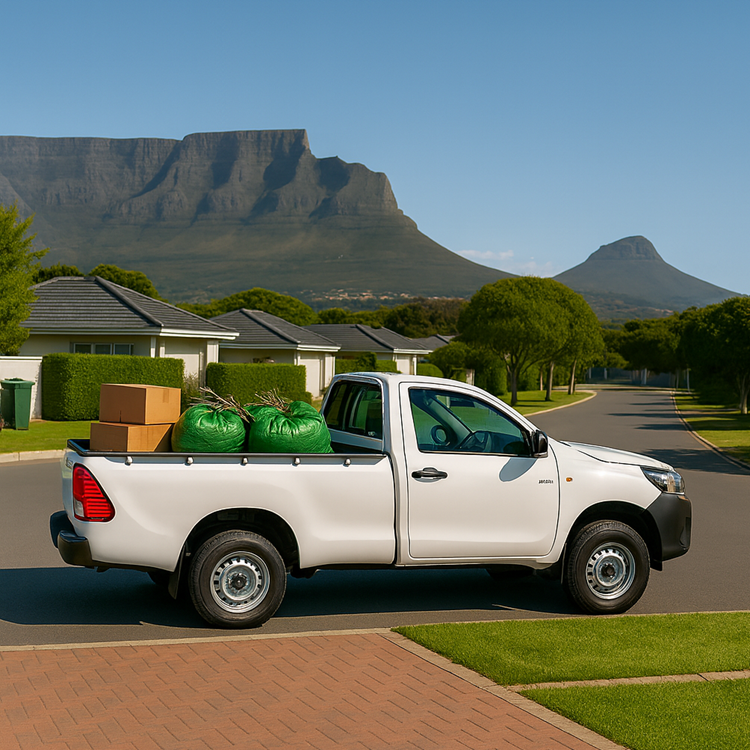 White service bakkie in a Cape Town residential street with Table Mountain behind — Mother City Firewood local services