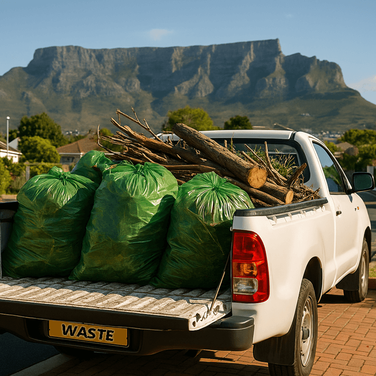 White bakkie loaded with garden refuse and tree-felling offcuts in Cape Town, Table Mountain behind — Mother City Firewood waste removal Cape Town