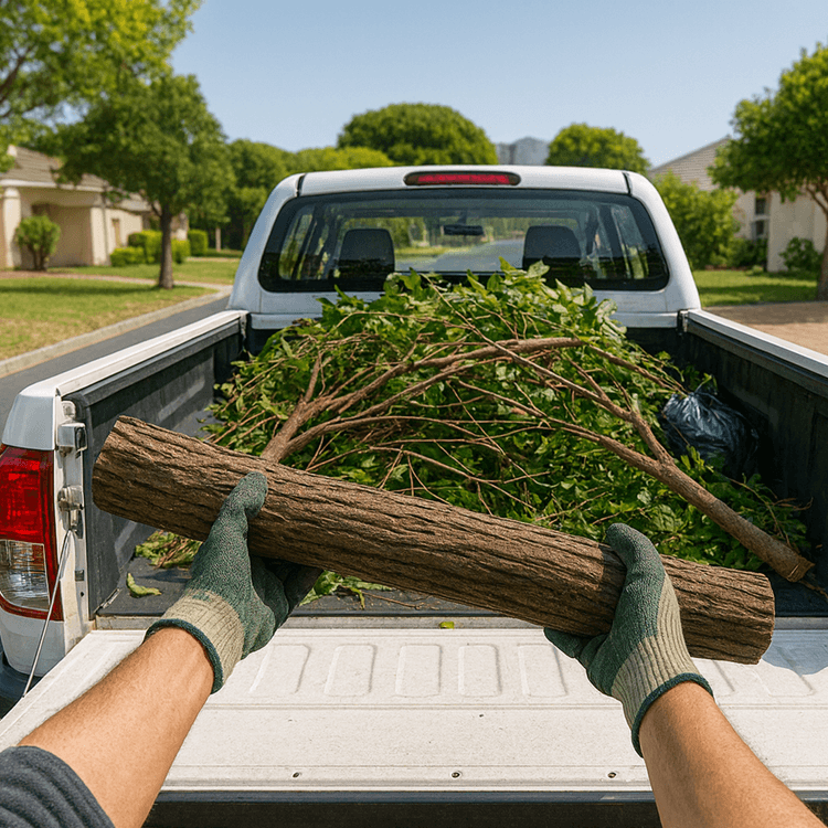 First-person view loading large garden branches onto a bakkie — Garden Refuse & General Waste Removal in Cape Town (Mother City Firewood)